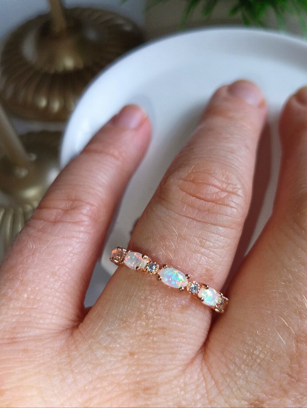 S925 Sterling Silver Rose Gold Opal Eternity Ring Size 9 NWT